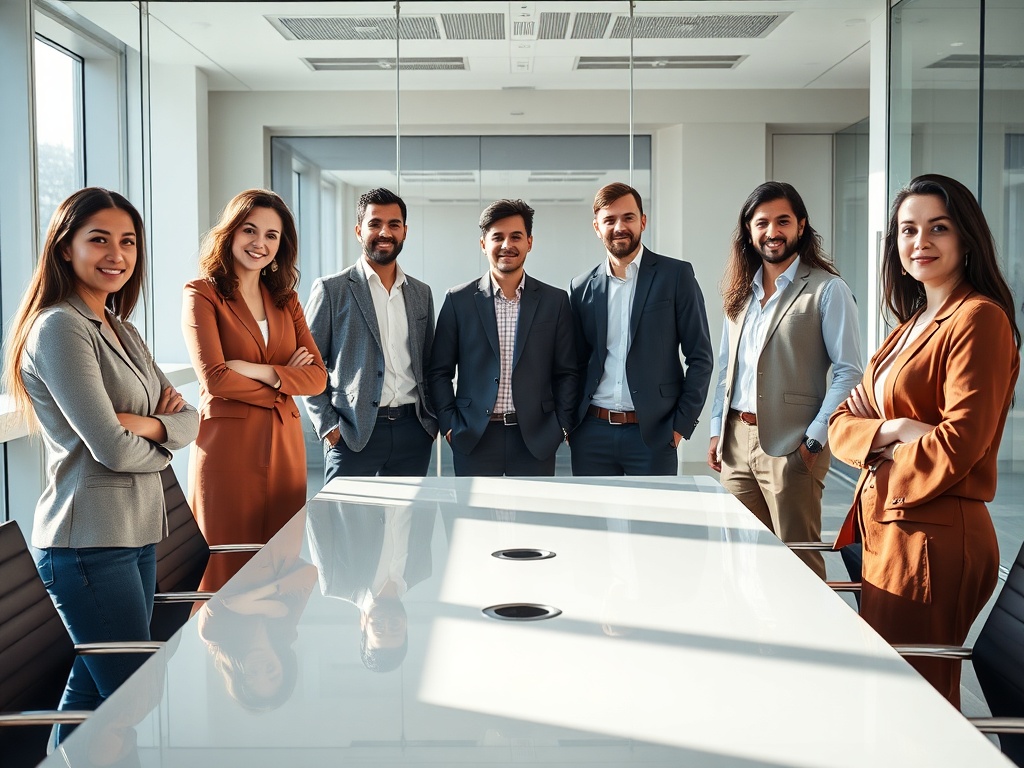 Diverse team of five in a modern glass boardroom, natural light from windows, minimalistic interior, confident poses, warm tones, commercial high-end photography, 8k