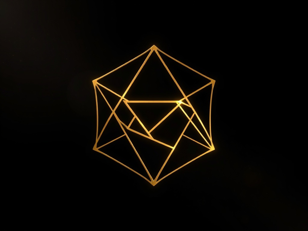 Abstract geometric logo mark made of interconnected golden lines, floating in a dark space with subtle particle effects, photorealistic 8k